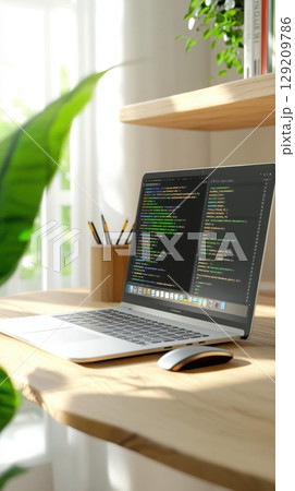 Data scientist in modern home office working on laptop with code and video call in cozy minimalist interior. Data scientist 129209786