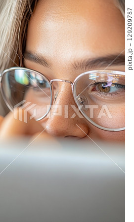 Young female data analyst focused on her laptop with code reflecting in glasses, set against a white matte background, vertical format for online learning. Data scientist 129209787