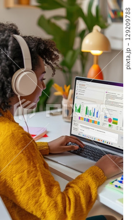 Woman in wireless headphones studying data science with interactive graphs on laptop screen. Data scientist 129209788