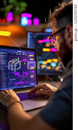 Young male DevOps lead focused on Kubernetes cluster dashboard in neon-lit startup space. Data scientist 129209789
