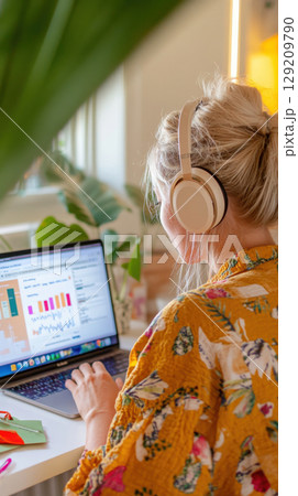 Woman engaging with a data science course on her laptop in a stylish home study environment. Data scientist 129209790
