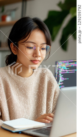 Young Asian woman in glasses coding on a laptop in profile with warm neutral background for educational technology. Data scientist 129209792