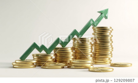 金貨が積み上がり上昇する緑色矢印の投資イメージ 129209807