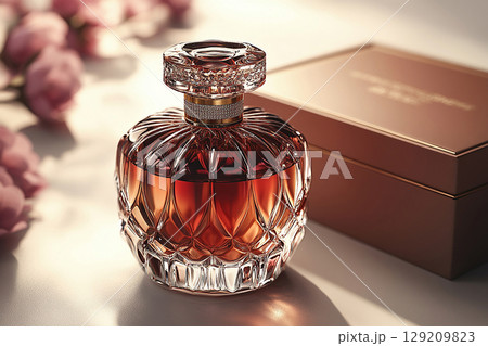 Glass perfume bottle featuring elegant gold detailing. Perfect for high-end perfume marketing. 129209823