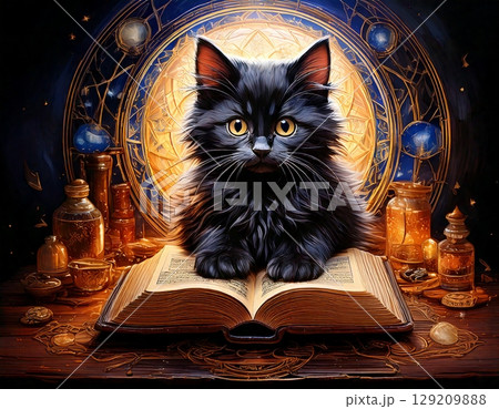 魔法書の上に座る黒猫と神秘的な魔法道具が並ぶ幻想イラスト 129209888