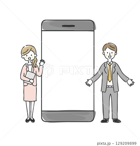 ビジネスマンとビジネスウーマンとスマートフォン ビジネスマンとビジネスウーマンとスマートフォン 129209899