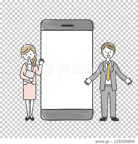 ビジネスマンとビジネスウーマンとスマートフォン ビジネスマンとビジネスウーマンとスマートフォン 129209899