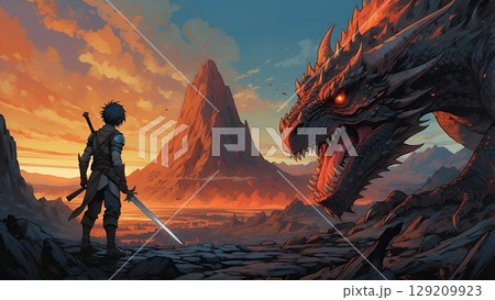 RPGファンタジーゲームジャケット風竜と戦士の出会いのシーン	 129209923