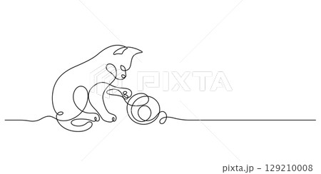 cat playing knitting wool line art continuous drawing 129210008
