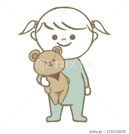 くまのぬいぐるみを持った女の子 水色 くまのぬいぐるみを持った女の子 水色 129210036