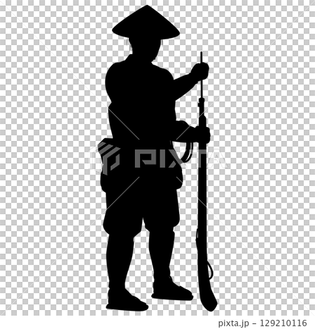 A foot soldier loading a matchlock gun A foot soldier loading a matchlock gun 129210116