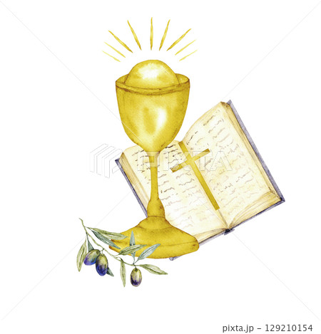 Chalice, open Bible and olive branch. Isolated. Watercolor illustration, catholic religious symbols. For first communion, wedding, baprism greeting card, invitation. Hand drawn 129210154