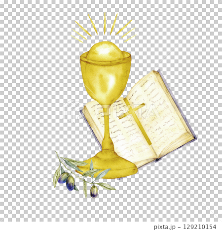 Chalice, open Bible and olive branch. Isolated. Watercolor illustration, catholic religious symbols. For first communion, wedding, baprism greeting card, invitation. Hand drawn Chalice, open Bible and olive branch. Isolated. Watercolor illustration, catholic religious symbols. For first communion, wedding, baprism greeting card, invitation. Hand drawn 129210154