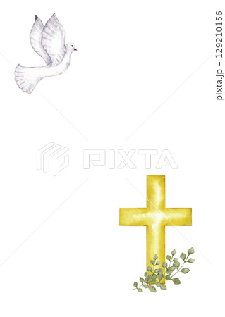 Vertical template with white dove of peace and golden cross. Watercolor illustration. For first communion, baptism, wedding greeting cards, invitation, save the date, birthday. Hand drawn. Copy space 129210156