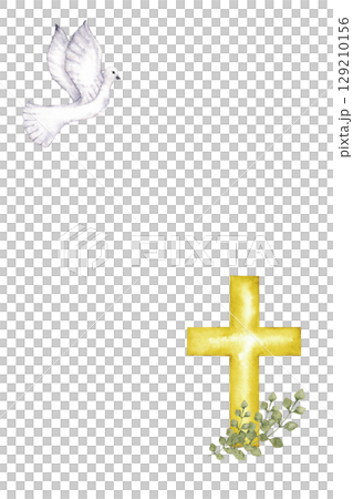 Vertical template with white dove of peace and golden cross. Watercolor illustration. For first communion, baptism, wedding greeting cards, invitation, save the date, birthday. Hand drawn. Copy space 129210156