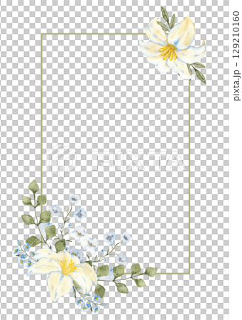Template with white flowers and green leaves. Vertical frame. Watercolor illustration. For first communion, baptism, wedding greeting cards, invitation, save the date, birthday. Hand drawn. Copy space 129210160