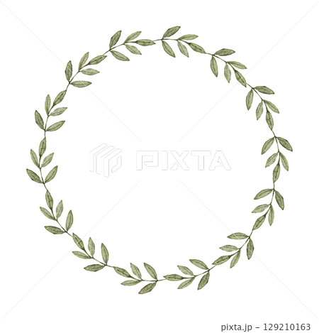 Round watercolor wreath of green branches. Frame of light green leaves. Isolated illustration. Template for first communion, baptism, wedding greeting cards, invitation, save the date. Copy space 129210163