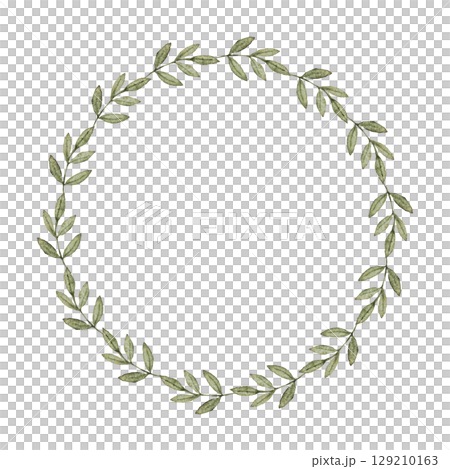 Round watercolor wreath of green branches. Frame of light green leaves. Isolated illustration. Template for first communion, baptism, wedding greeting cards, invitation, save the date. Copy space 129210163