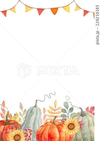 Vertical autumn banner with leaves, berries, pumpkins and garlands. Watercolor illustration. Hand drawn isolated botanical frame. Background for invitations, holiday quotes Thanksgiving, Halloween. 129210165