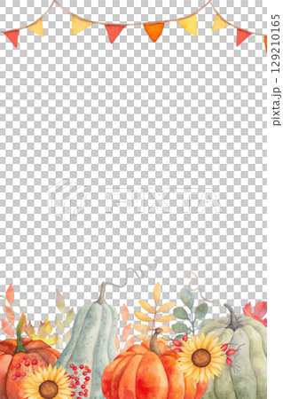 Vertical autumn banner with leaves, berries, pumpkins and garlands. Watercolor illustration. Hand drawn isolated botanical frame. Background for invitations, holiday quotes Thanksgiving, Halloween. 129210165