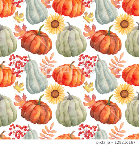 Seamless pattern with pumpkins, sunflower, viburnum, maple leaves, branch. Watercolor illustration. Hand drawn isolated botanical art. Background with berries, vegetables for Thanksgiving, Halloween. 129210167