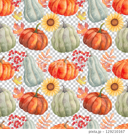 Seamless pattern with pumpkins, sunflower, viburnum, maple leaves, branch. Watercolor illustration. Hand drawn isolated botanical art. Background with berries, vegetables for Thanksgiving, Halloween. 129210167