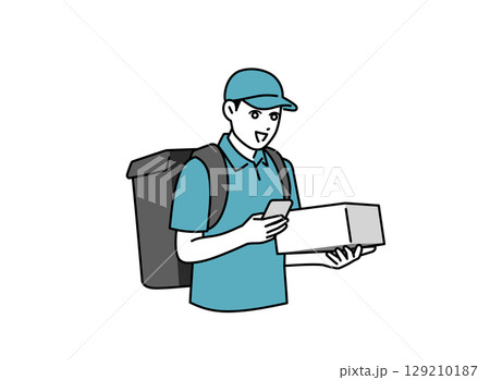 スマホを見ながら荷物を運ぶ男性の配達員 129210187