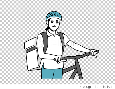 Female food delivery person pushing a bicycle 129210191