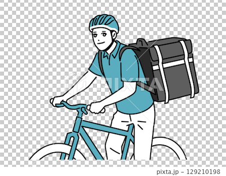 自転車に乗っているフード配達員の男性 129210198