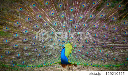 Peacock dance display at Yala National Park, Sri Lanka. The feathers are spread in a full fan, showing eye-like patterns Peacock dance display at Yala National Park, Sri Lanka. The feathers are spread in a full fan, showing eye-like patterns 129210525