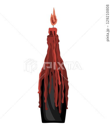 Red lighting and melting candle in the wine bottle candleholder. Halloween or Valentine Day candle clip art. Halloween design element vector isolated illustration. 129210808