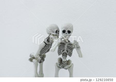 Couple of gossiping skeletons. Pair of spooky skeleton whispering family secrets and sharing gossips 129210850