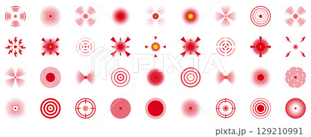 Red Pain Pulse and Target Circle Indicators Icon Set. Ache Localization, Medical Radar Spots, Electric Shock Points and Body Discomfort Zones Symbol Collection. Isolated Vector Illustration Red Pain Pulse and Target Circle Indicators Icon Set. Ache Localization, Medical Radar Spots, Electric Shock Points and Body Discomfort Zones Symbol Collection. Isolated Vector Illustration 129210991