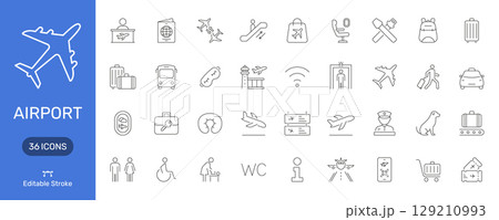 Airport Travel And Services Line Icon Set. Aviation, Passenger Assistance, And Airport Facilities Outline Symbol Collection. Editable Stroke. Isolated Vector Illustration 129210993