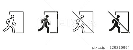 Exit And No Entry Door Icons Set. Emergency Exit And Restricted Access Symbols Collection. Safety Sign For Building Navigation And Security. Isolated Vector Illustration Exit And No Entry Door Icons Set. Emergency Exit And Restricted Access Symbols Collection. Safety Sign For Building Navigation And Security. Isolated Vector Illustration 129210994