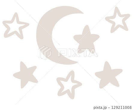 Vector illustration of beige stars and a crescent moon in soft pastel colors for children bedtime designs, nursery posters, and dreamy nighttime prints. Art of sky for baby shower or newborn invites. Vector illustration of beige stars and a crescent moon in soft pastel colors for children bedtime designs, nursery posters, and dreamy nighttime prints. Art of sky for baby shower or newborn invites. 129211008