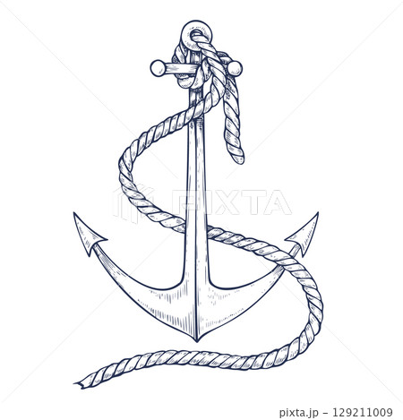 Vector illustration of Anchor with rope in hand drawn outline style. Linear drawing of ship equipment for nautical design and sailing projects. Etched sketch for marine and coastal decorations. 129211009