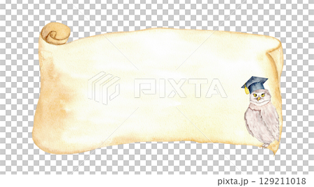 Graduation celebration scroll with owl in cap for decorative graduation design. Template for certificate, diploma, card. Copy space. Hand drawn. Education concept. End of course. Back to school 129211018