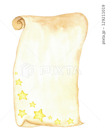 Magical scroll with golden stars design for creative projects and fantasy themes. Vertical template for certificate, diploma, invitation. Copy space. End of course. Back to school. Education concept Magical scroll with golden stars design for creative projects and fantasy themes. Vertical template for certificate, diploma, invitation. Copy space. End of course. Back to school. Education concept 129211019