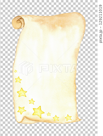 Magical scroll with golden stars design for creative projects and fantasy themes. Vertical template for certificate, diploma, invitation. Copy space. End of course. Back to school. Education concept Magical scroll with golden stars design for creative projects and fantasy themes. Vertical template for certificate, diploma, invitation. Copy space. End of course. Back to school. Education concept 129211019