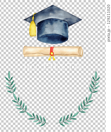 Graduation template with cap, diploma, and laurel leaves for celebration design. End of course. For certificate, diploma, invitation, card. Education concept. University, institute, school 129211020