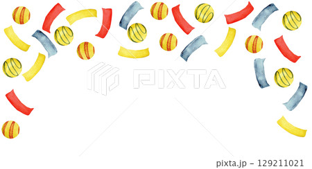 Festive template with colorful confetti and balls design. End of course. Back to school. Horizontal banner, certificate, diploma, invitation, card. Graduation, university, institute. Copy space 129211021