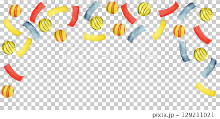 Festive template with colorful confetti and balls design. End of course. Back to school. Horizontal banner, certificate, diploma, invitation, card. Graduation, university, institute. Copy space 129211021