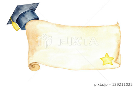 Academic achievement celebration with scroll and graduation cap design. Horizontal banner, card, invitation. Template for certificate, diploma. Copy space. Isolated. Hand drawn. Education concept 129211023
