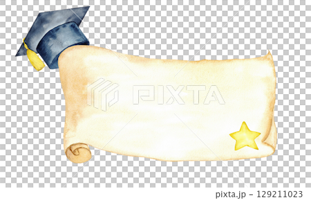 Academic achievement celebration with scroll and graduation cap design. Horizontal banner, card, invitation. Template for certificate, diploma. Copy space. Isolated. Hand drawn. Education concept 129211023