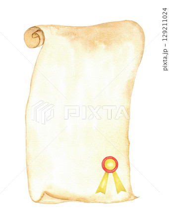 Vintage scroll with ribbon seal for certificates or invitations. Education concept. Template for certificate, diploma, card, invitation. Vertical banner. Copy space. End of course. Back to school 129211024