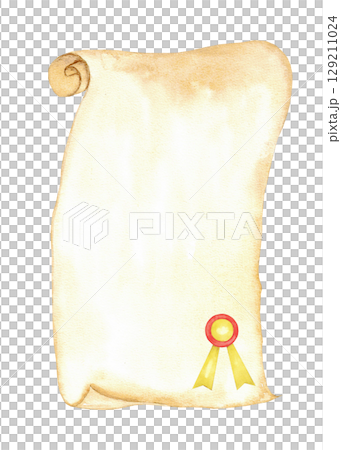 Vintage scroll with ribbon seal for certificates or invitations. Education concept. Template for certificate, diploma, card, invitation. Vertical banner. Copy space. End of course. Back to school 129211024