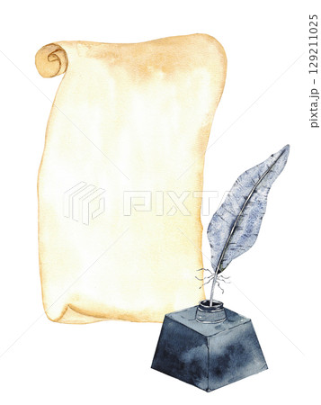 Vintage writing concept with scroll, feather, inkwell. Nostalgic design for stationery or invitations. Vertical template for certificate, diploma, invitation. Copy space. End of course. Back to school Vintage writing concept with scroll, feather, inkwell. Nostalgic design for stationery or invitations. Vertical template for certificate, diploma, invitation. Copy space. End of course. Back to school 129211025