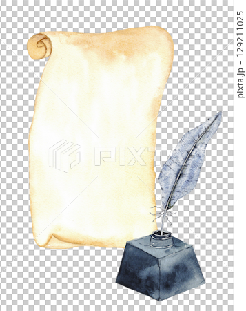 Vintage writing concept with scroll, feather, inkwell. Nostalgic design for stationery or invitations. Vertical template for certificate, diploma, invitation. Copy space. End of course. Back to school Vintage writing concept with scroll, feather, inkwell. Nostalgic design for stationery or invitations. Vertical template for certificate, diploma, invitation. Copy space. End of course. Back to school 129211025