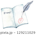 Open book with feather and physics formula for educational and scholarly themes. Watercolor for certificate, diploma, invitation, card. Copy space. End of course. Back to school. Education concept 129211029